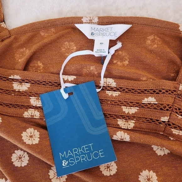 Market & Spruce Linen Blend Brown and Cream Floral Tank Size XXL - Picture 3 of 11